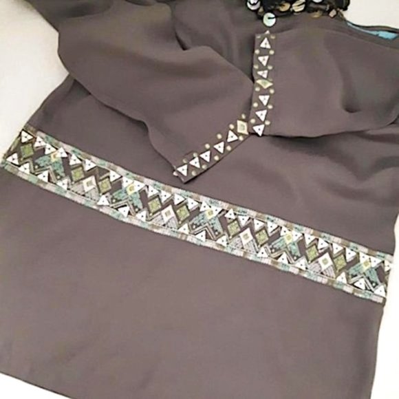 GUESS by MARCIANO Silk Blend Dress Embroidered MOP Sequin Button Grey Tu… - Picture 5 of 12